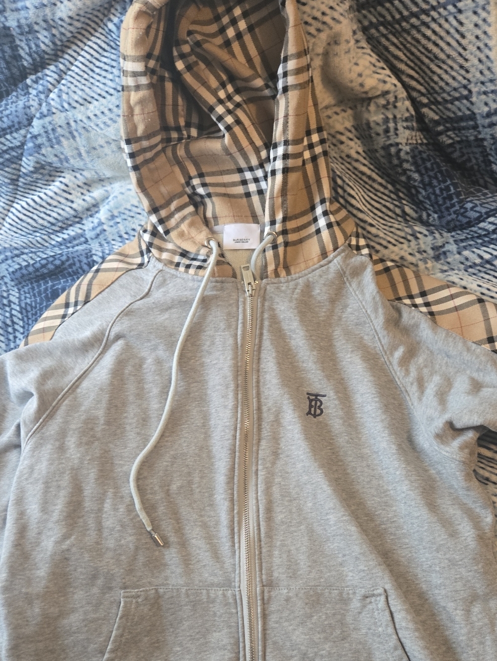 Burberry Light Grey Zip Hoodie with Vintage Beige Check Hood